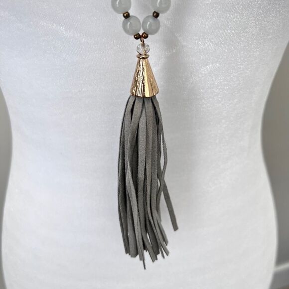 21” Boho Vintage Gray Suede Beaded Tassel Braided Long Necklace - Picture 3 of 7
